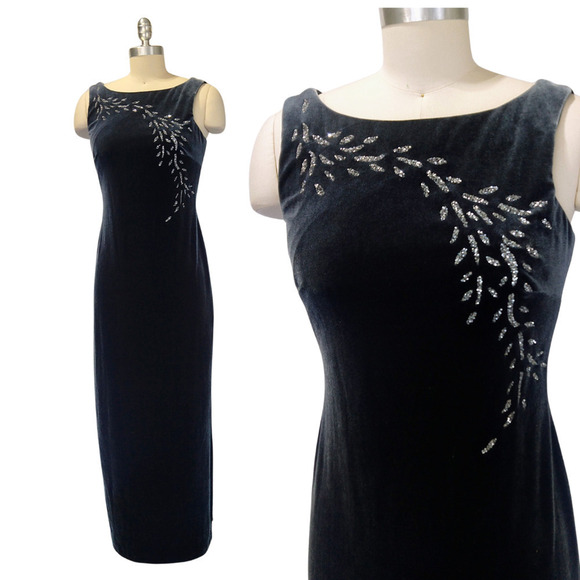 Vintage 90s Velvet Prom Dress Size 4P Gray Glitter Sparkle Sleeveless Stretch - Picture 2 of 13